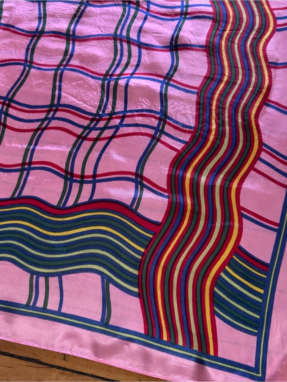 Vintage Pink Multicolor Wavy Stripe & Grid Silk Scarf